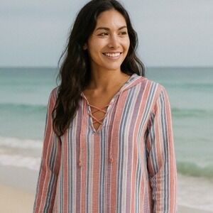 Raya Sun Women's Beach Boho Hoodie Tunic Coral Stripe Size XL Pool Surfer NWT